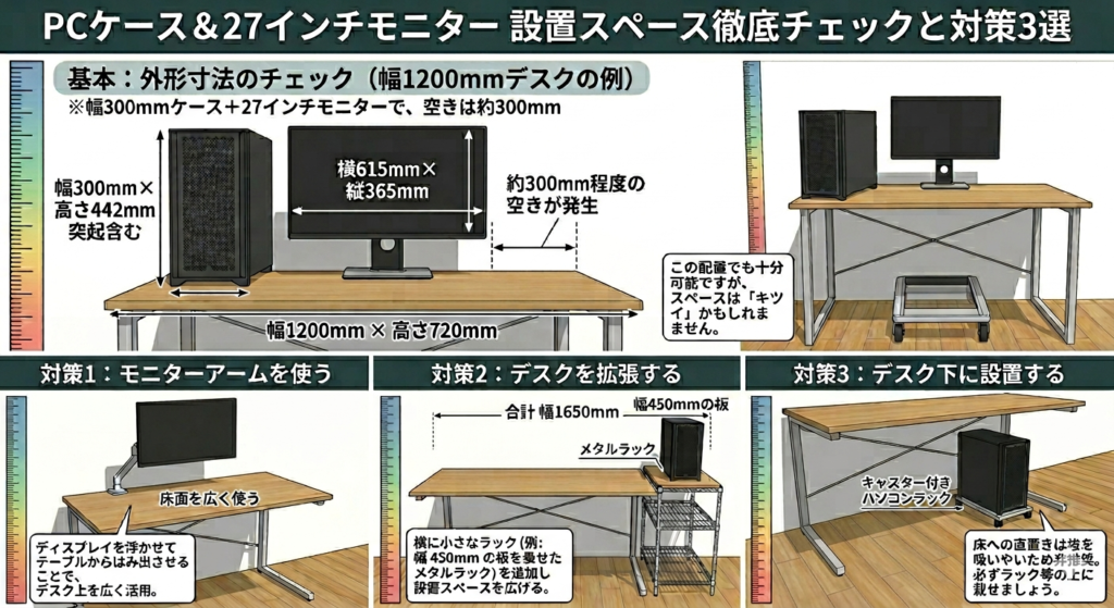 PCケース&27インチモニター設置スペース徹底チャックと対策3選