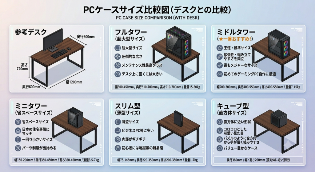 PCケースサイズとデスクの比較図