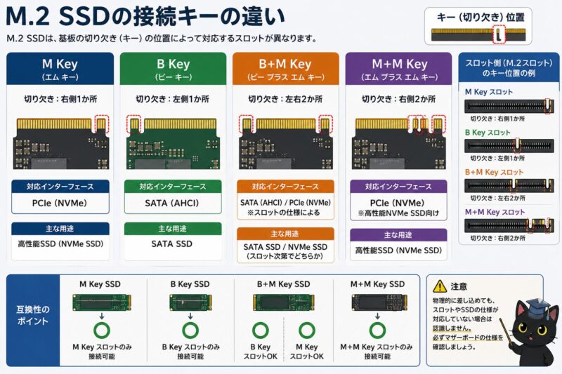 コラム：M.2SSDは種類がある⁉
「M.2」というのは物理的な形状(フォームファクタ)を表すもので、内部の通信規格によって端子の切り欠きが異なります。マザーボードによっては「NVMe(PCIe)」専用スロットと「SATA」専用スロットがあるため、説明書を読んで対応状況を確認しましょう。
現在主に流通しているのは高速な「NVMe」接続のもので、端子形状は「M Key」となっています。購入時は製品仕様がNVMe(PCIe)になっているものを選びましょう。
