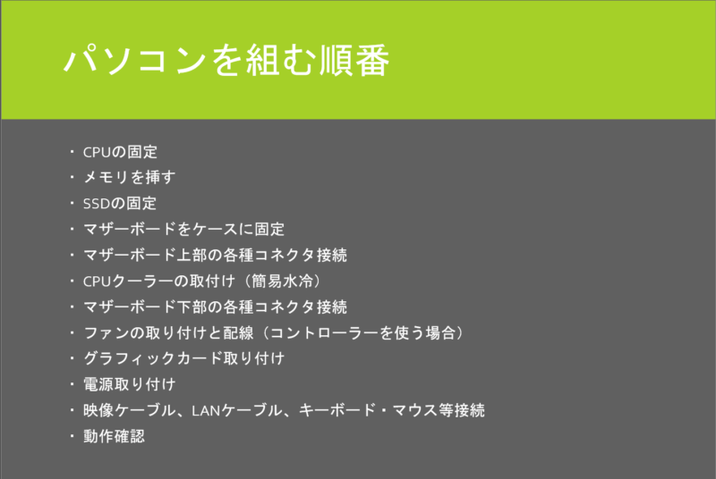 パソコンを組む順番
CPUの固定
メモリを挿す
SSDの固定
マザーボードをケースに固定
マザーボード上部の各種コネクタ接続
CPUクーラーの取付け（簡易水冷）
マザーボード下部の各種コネクタ接続
ファンの取り付けと配線（コントローラーを使う場合）
グラフィックカード取り付け
電源取り付け
映像ケーブル、LANケーブル、キーボード・マウス等接続
動作確認